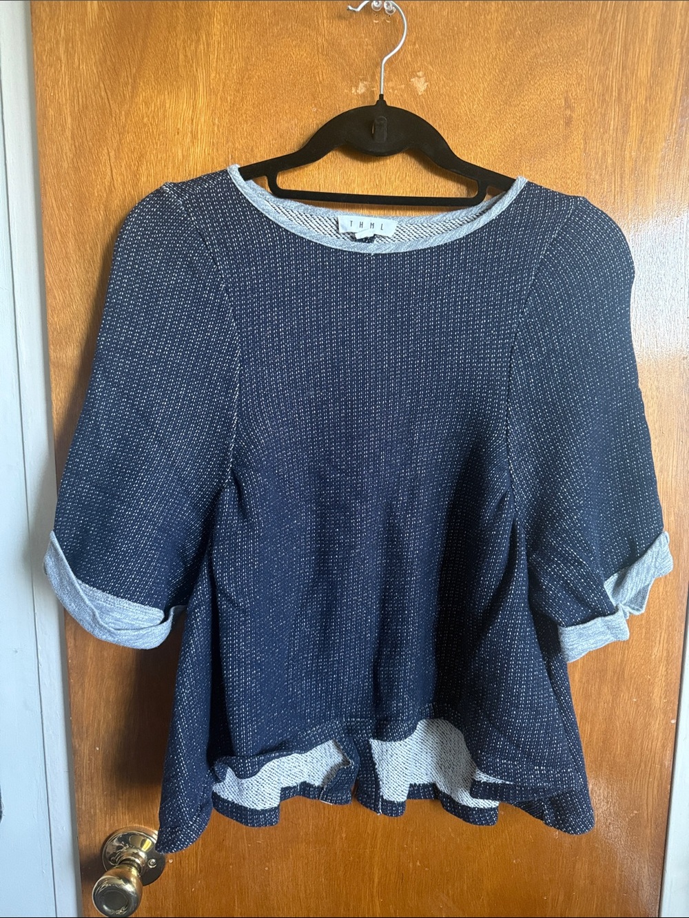 THML Navy Blue Textured Peplum Tunic with Contrast Trim